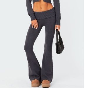NWOT EDIKTED dark blue/grey foldover knit sweater flare low rise legging pants M
